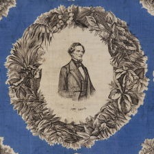 LARGE SCALE, PRINTED SILK KERCHIEF FEATURING CONFEDERATE PRESIDENT JEFFERSON DAVIS AND EIGHT OF HIS STAFF, AN EXTREMELY RARE EXAMPLE IN THE ONLY KNOWN STYLE PRODUCED FOR THE CONFEDERACY DURING THE CIVIL WAR PERIOD, AND THE BEST OF THOSE KNOWN TO HAVE SURVIVED