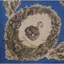 LARGE SCALE, PRINTED SILK KERCHIEF FEATURING CONFEDERATE PRESIDENT JEFFERSON DAVIS AND EIGHT OF HIS STAFF, AN EXTREMELY RARE EXAMPLE IN THE ONLY KNOWN STYLE PRODUCED FOR THE CONFEDERACY DURING THE CIVIL WAR PERIOD, AND THE BEST OF THOSE KNOWN TO HAVE SURVIVED