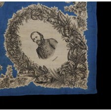 LARGE SCALE, PRINTED SILK KERCHIEF FEATURING CONFEDERATE PRESIDENT JEFFERSON DAVIS AND EIGHT OF HIS STAFF, AN EXTREMELY RARE EXAMPLE IN THE ONLY KNOWN STYLE PRODUCED FOR THE CONFEDERACY DURING THE CIVIL WAR PERIOD, AND THE BEST OF THOSE KNOWN TO HAVE SURVIVED