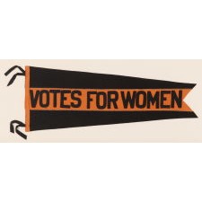 LARGE, SWALLOWTAILED, SUFFRAGETTE PENNANT IN A BLACK & ORANGE COLOR COMBINATION UNIQUE TO THIS EXAMPLE, WITH APPLIED LETTERING THAT READS "VOTES FOR WOMEN” DOWN A WIDE, CENTRAL STRIPE, THIS PRECISE EXAMPLE ILLUSTRATED IN THE BEST REFERENCE ON SUFFRAGE OBJECTS, POSSIBLY WITH TIES TO NEW JERSEY; MADE circa 1912-1919