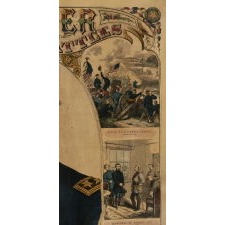 "THE LEADER AND HIS BATTLES": A PATRIOTIC PRINT ON STICKS, GLORIFYING THE ACCOMPLISHMENTS OF LT.-GENERAL ULYSSES S. GRANT DURING THE CIVIL WAR, PUBLISHED BY HAASIS & LUBRECHT, LIBERTY ST., NEW YORK CITY, WHO COPYRIGHTED THE DESIGN IN 1866