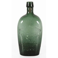 "LIBERTY" EAGLE FLASK IN BRIGHT BLUE GREEN, WILLINGTON GLASS WORKS, WILLINGTON, CONNECTICUT, 1860-1873