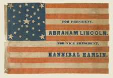 LINCOLN & HAMLIN CAMPAIGN PARADE FLAG, 1860 ELECTION, 33 STARS IN A RARE VARIATION ON A KNOWN TYPE OF STARBURST MEDALLION, THE ONLY KNOWN EXAMPLE IN THIS STYLE