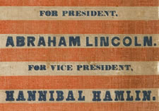 LINCOLN & HAMLIN CAMPAIGN PARADE FLAG, 1860 ELECTION, 33 STARS IN A RARE VARIATION ON A KNOWN TYPE OF STARBURST MEDALLION, THE ONLY KNOWN EXAMPLE IN THIS STYLE