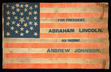 LINCOLN & JOHNSON CAMPAIGN PARADE FLAG, 1864, PICTURED IN "THREADS OF HISTORY"