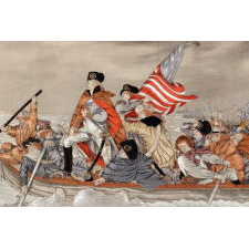 MAGNIFICENT EMBROIDERY WITH A TRAPUNTO (RAISED) NEEDLEWORK RENDERING OF EMANUEL GOTTLIEB LEUTZE'S "WASHINGTON CROSSING THE DELAWARE," LIKELY FROM AN ORIENTAL PAVILLION AT A WORLD'S FAIR, CA 1885-1900, UNIQUE IN MY EXPERIENCE IN THE PRIVATE MARKETPLACE