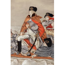 MAGNIFICENT EMBROIDERY WITH A TRAPUNTO (RAISED) NEEDLEWORK RENDERING OF EMANUEL GOTTLIEB LEUTZE'S "WASHINGTON CROSSING THE DELAWARE," LIKELY FROM AN ORIENTAL PAVILLION AT A WORLD'S FAIR, CA 1885-1900, UNIQUE IN MY EXPERIENCE IN THE PRIVATE MARKETPLACE