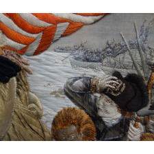 MAGNIFICENT EMBROIDERY WITH A TRAPUNTO (RAISED) NEEDLEWORK RENDERING OF EMANUEL GOTTLIEB LEUTZE'S "WASHINGTON CROSSING THE DELAWARE," LIKELY FROM AN ORIENTAL PAVILLION AT A WORLD'S FAIR, CA 1885-1900, UNIQUE IN MY EXPERIENCE IN THE PRIVATE MARKETPLACE