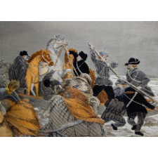 MAGNIFICENT EMBROIDERY WITH A TRAPUNTO (RAISED) NEEDLEWORK RENDERING OF EMANUEL GOTTLIEB LEUTZE'S "WASHINGTON CROSSING THE DELAWARE," LIKELY FROM AN ORIENTAL PAVILLION AT A WORLD'S FAIR, CA 1885-1900, UNIQUE IN MY EXPERIENCE IN THE PRIVATE MARKETPLACE