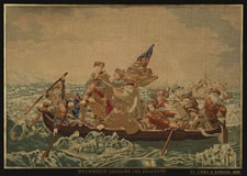 MAGNIFICENT NEEDLEWORK RENDERING OF EMANUEL GOTTLIEB LEUTZE'S PAINTING OF WASHINGTON CROSSING THE DELAWARE, IN ITS ORIGINAL FRAME WITH REVERSE-PAINTED AND GILDED GLASS, SIGNED AND DATED 1865