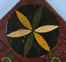 MASTERPIECE QUALITY AMERICAN PARCHEESI BOARD WITH CARRIAGE-PAINTED CENTER STAR, DIMINUTIVE SIZE, AND A BOLD COMBINATION OF SEVEN COLORS, CA 1870