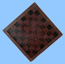 MASTERPIECE QUALITY AMERICAN PARCHEESI BOARD WITH CARRIAGE-PAINTED CENTER STAR, DIMINUTIVE SIZE, AND A BOLD COMBINATION OF SEVEN COLORS, CA 1870