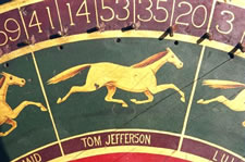 MASTERPIECE RACE HORSE GAME WHEEL, GILDED AND PAINTED