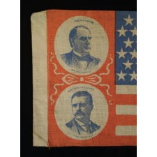 McKINLEY & ROOSEVELT VS. BRYAN & STEVENSON: A RARE PAIR OF PORTRAIT STYLE FLAGS MADE FOR THE OPPOSING REPUBLICAN AND DEMOCRAT TICKETS DURING THE 1900 PRESIDENTIAL CAMPAIGN