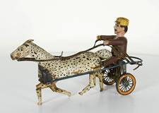 MECHANICAL TOY HORSE AND SULKY, HAND-CARVED, AMERICAN, 1870-90