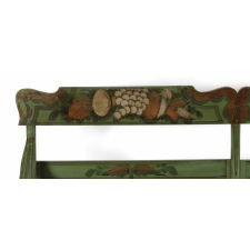 MID-19TH CENTURY, PLANK SEAT, PAINT-DECORATED SETTEE IN APPLE GREEN WITH BELL FLOWERS, GRAPES & FLORA, 1845-1865