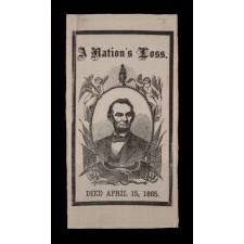 "A NATION'S LOSS": SILK, 1865, ABRAHAM LINCOLN MOURNING RIBBON IN AN ESPECIALLY ATTRACTIVE PORTRAIT DESIGN