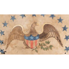 ONE OF THE TWO EARLIEST KNOWN EXAMPLES OF THE FLAG OF THE REVENUE MARINE (a.k.a., REVENUE CUTTER SERVICE), WITH A HAND-PAINTED EAGLE, AN ARCH OF 13 BLUE-PAINTED STARS, HAVING GREAT FOLK QUALITIES, AND 13 VERTICAL STRIPES, LATE 1830’s-1860