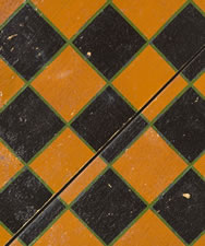 ORANGE PARCHEESI BOARD WITH WHIMSICAL MEDALLIONS, POLKA DOTS, & SNOWFLAKE STARS, circa 1885