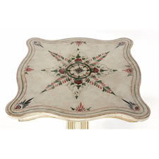 PAINT-DECORATED AMERICAN PEDESTAL TABLE w/ CARRIAGE-PAINTED DECORATION IN RED & GREEN ON A WHITE GROUND, circa 1830-1840, PROBABLY OF MAINE ORIGIN