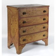 PAINT-DECORATED BLANKET CHEST ON HIGH SCALLOPPED FEET WITH RED SPONGING AND TRIM ON A YELLOW GROUND, FOUND IN VESTAL, NEW YORK, CA 1820