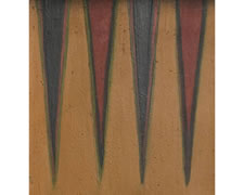 PAINT-DECORATED, BOOK-BOX STYLE, FOLDING BACKGAMMON BOARD, MUSTARD, PERSIMMON RED, & BLACK WITH FLORAL DECORATION, ca 1880