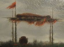 PAINTING OF A MOURNING INDIAN NEXT TO A BURIAL SCAFFOLD, SIGNED AND DATED 1898