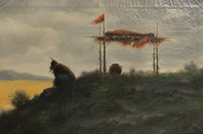 PAINTING OF A MOURNING INDIAN NEXT TO A BURIAL SCAFFOLD, SIGNED AND DATED 1898