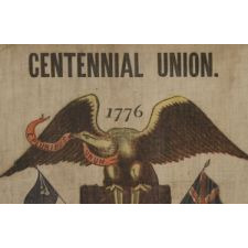 PATRIOTIC BANNER MADE FOR THE 1876 CENTENNIAL INTERNATIONAL EXPOSITION IN PHILADELPHIA,WITH AN EAGLE CARRYING THE LIBERTY BELL, SURROUNDED BY 13 STARS, FLANKED BY PATRIOTIC PHRASES, WITH A BORDER OF 38 STARS