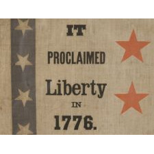 PATRIOTIC BANNER MADE FOR THE 1876 CENTENNIAL INTERNATIONAL EXPOSITION IN PHILADELPHIA,WITH AN EAGLE CARRYING THE LIBERTY BELL, SURROUNDED BY 13 STARS, FLANKED BY PATRIOTIC PHRASES, WITH A BORDER OF 38 STARS