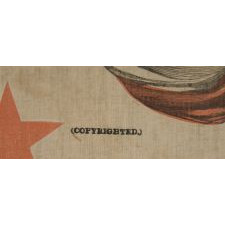 PATRIOTIC BANNER MADE FOR THE 1876 CENTENNIAL INTERNATIONAL EXPOSITION IN PHILADELPHIA,WITH AN EAGLE CARRYING THE LIBERTY BELL, SURROUNDED BY 13 STARS, FLANKED BY PATRIOTIC PHRASES, WITH A BORDER OF 38 STARS