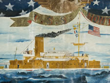 PATRIOTIC BANNER DEPICTING THE U.S.S. MONTEREY, FRAMED BY BILLOWING FLAGS, A SPREADWING EAGLE, AND SALIOR-BRAIDED ROPE FRINGE, ca 1898-99