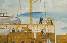 PATRIOTIC BANNER DEPICTING THE U.S.S. MONTEREY, FRAMED BY BILLOWING FLAGS, A SPREADWING EAGLE, AND SALIOR-BRAIDED ROPE FRINGE, ca 1898-99