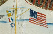 PATRIOTIC BANNER DEPICTING THE U.S.S. MONTEREY, FRAMED BY BILLOWING FLAGS, A SPREADWING EAGLE, AND SALIOR-BRAIDED ROPE FRINGE, ca 1898-99