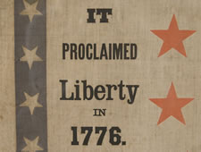 PATRIOTIC 1876 CENTENNIAL BANNER WITH AN EAGLE CARRYING THE LIBERTY BELL, SURROUNDED BY 13 STARS AND FLANKED BY PATRIOTIC PHRASES, WITH 38 STARS AROUND THE PERIMETER: