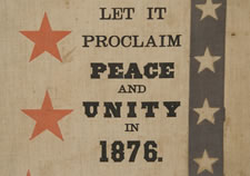 PATRIOTIC 1876 CENTENNIAL BANNER WITH AN EAGLE CARRYING THE LIBERTY BELL, SURROUNDED BY 13 STARS AND FLANKED BY PATRIOTIC PHRASES, WITH 38 STARS AROUND THE PERIMETER: