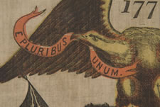 PATRIOTIC 1876 CENTENNIAL BANNER WITH AN EAGLE CARRYING THE LIBERTY BELL, SURROUNDED BY 13 STARS AND FLANKED BY PATRIOTIC PHRASES, WITH 38 STARS AROUND THE PERIMETER: