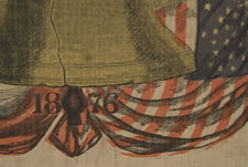 PATRIOTIC 1876 CENTENNIAL BANNER WITH AN EAGLE CARRYING THE LIBERTY BELL, SURROUNDED BY 13 STARS AND FLANKED BY PATRIOTIC PHRASES, WITH 38 STARS AROUND THE PERIMETER: