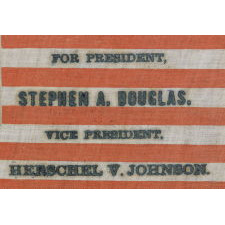 PORTRAIT STYLE PARADE FLAG MADE FOR THE 1860 CAMPAIGN OF NORTHERN DEMOCRATS STEPHEN DOUGLAS & HERSCHEL JOHNSON, WITH A RARE AND BEAUTIFUL SHIELD-SHAPED MEDALLION OF 44 STARS