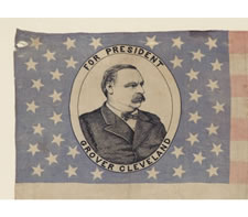 PORTRAIT STYLE PARADE FLAG FROM THE 1884 PRESIDENTIAL CAMPAIGN OF GROVER CLEVELAND, MADE BY CHENEY SILK, MANCHESTER, CT