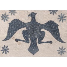 PRE-CIVIL WAR AMERICAN CRIB QUILT WITH A FEDERAL EAGLE, 16 EIGHT-POINTED STARS, AND 16 STRIPES UPON ITS BREAST, BLUE CALICO ON WHITE, CIRCA 1830-1850