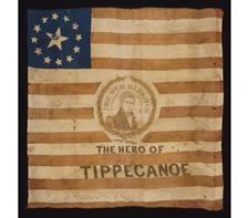 PRESIDENTIAL CAMPAIGN OF WILLIAM HENRY HARRISON, WITH 13 STARS IN A 3RD MARYLAND PATTERN AND A FOLK PORTRAIT OF "OLD TIPPECANOE" IN MILITARY GARB