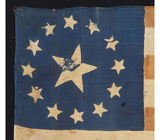 PRESIDENTIAL CAMPAIGN OF WILLIAM HENRY HARRISON, WITH 13 STARS IN A 3RD MARYLAND PATTERN AND A FOLK PORTRAIT OF "OLD TIPPECANOE" IN MILITARY GARB