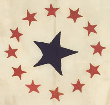 PRIVATE OWNER'S YACHT BURGEE, ENTIRELY HAND-SEWN, WITH 13 RED STARS ARRANGED IN A WREATH, SURROUNDING A SINGLE, LARGE, NAVY BLUE CENTER STAR, ALL ON A WHITE GROUND, CA 1860-1880, SIGNED ON THE HOIST "M. HEMINGWAY"