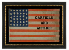 RARE 34 STAR PARADE FLAG, MADE FOR THE 1880 PRESIDENTIAL CAMPAIGN OF GARFIELD AND ARTHUR, THE LARGEST EXAMPLE KNOWN FROM THIS ELECTION, WITH ESPECIALLY WHIMSICAL TEXT