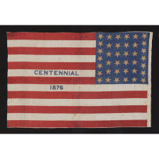 RARE 38 STAR PARADE FLAG WITH "1876 CENTENNIAL" ADVERTISING & GOLD STARS, MADE FOR THE PHILADELPHIA CENTENNIAL INTERNATIONAL EXPOSITION