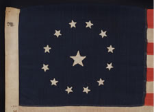 RARE ANTIQUE AMERICAN FLAG WITH 13 STARS IN THE 3rd MARYLAND PATTERN, MADE IN THE CIVIL WAR ERA, WITH THE SMALLEST HAND-APPLIQUED STARS THAT I HAVE EVER SEEN ON A WOOL EXAMPLE OF THE 19TH CENTURY