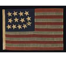 RARE AND BEAUTIFUL 13 STAR, CIVIL WAR PERIOD FLAG WITH A PERIMETER OF STARS THAT FORM THE LETTER "U" FOR "UNION".  ENTIRELY HAND-SEWN AND IN A RARE SMALL SIZE, 1861-65