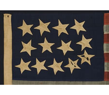 RARE AND BEAUTIFUL 13 STAR, CIVIL WAR PERIOD FLAG WITH A PERIMETER OF STARS THAT FORM THE LETTER "U" FOR "UNION".  ENTIRELY HAND-SEWN AND IN A RARE SMALL SIZE, 1861-65