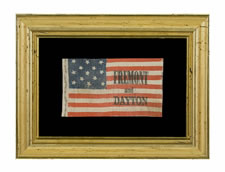 RARE, DIMINUTIVE, CAMPAIGN PARADE FLAG WITH 13 STARS, MADE IN 1856 FOR JOHN FREMONT & WILLIAM DAYTON, ONE-OF-A-KIND AMONG KNOWN EXAMPLES.  FREMONT OPENED THE GATEWAY TO CALIFORNIA STATEHOOD AND WAS THE REPUBLICAN PARTY'S FIRST PRESIDENTIAL CANDIDATE